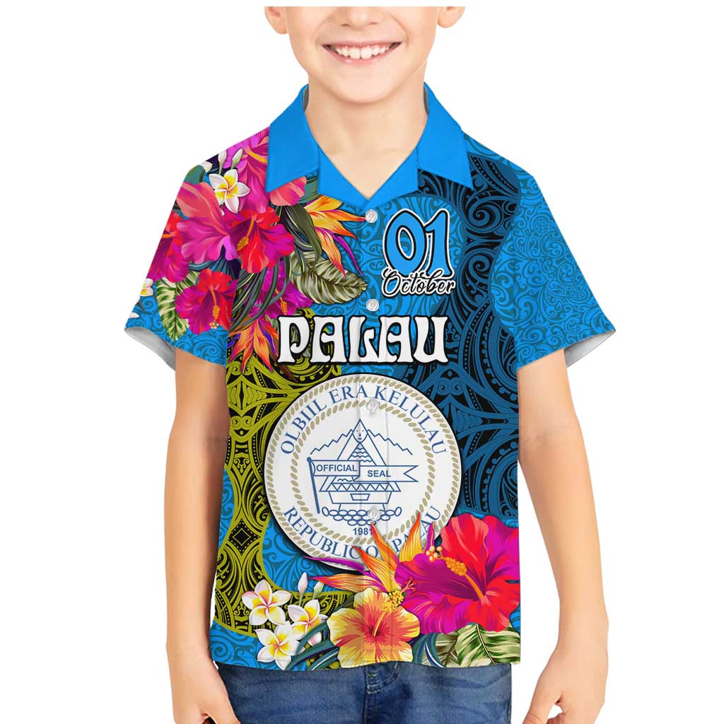 Personalised Palau Independence Day Family Matching Mermaid Dress and Hawaiian Shirt 1st October 30th Anniversary Polynesian Jungle Flower LT03 Son's Shirt Blue - Polynesian Pride