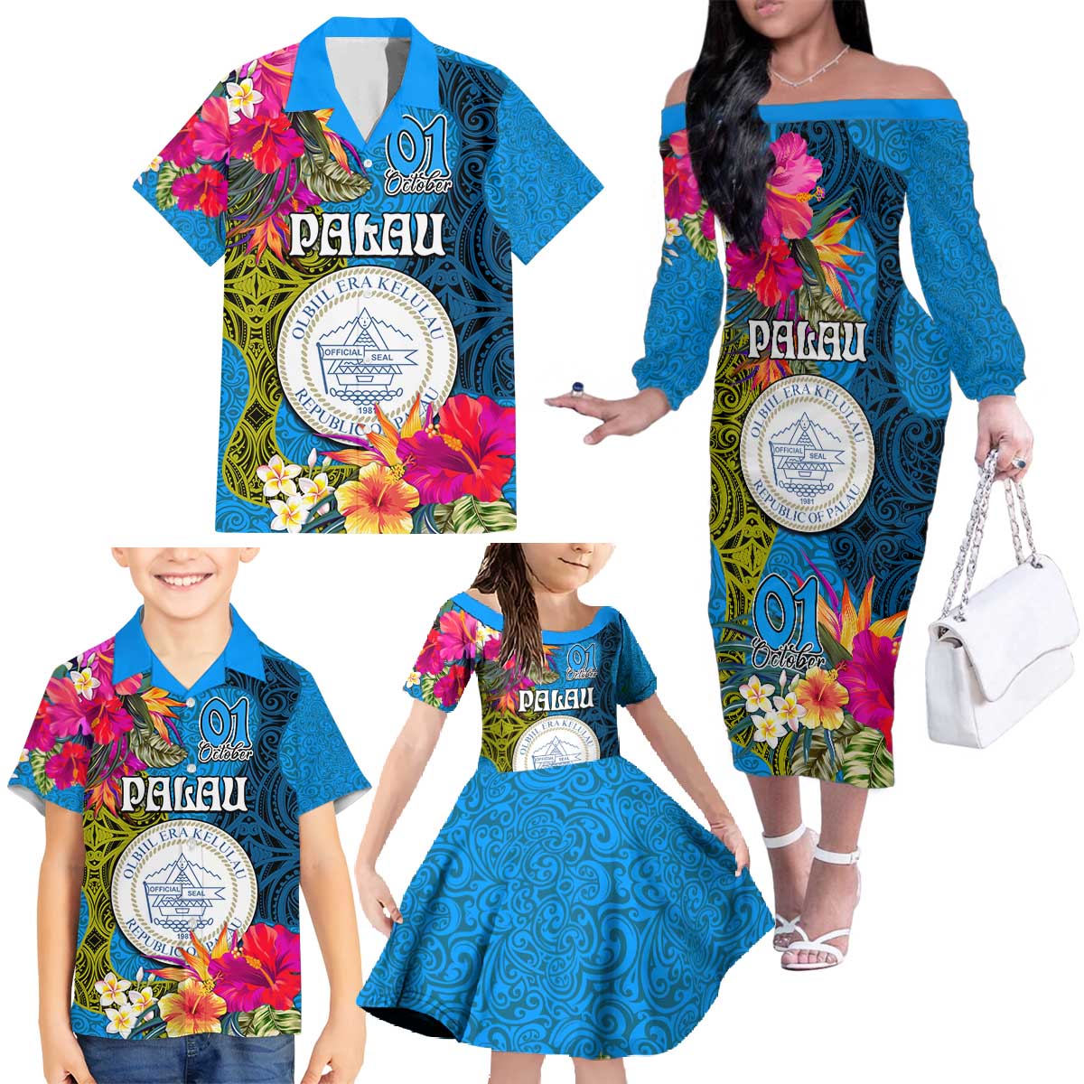 Personalised Palau Independence Day Family Matching Off The Shoulder Long Sleeve Dress and Hawaiian Shirt 1st October 30th Anniversary Polynesian Jungle Flower