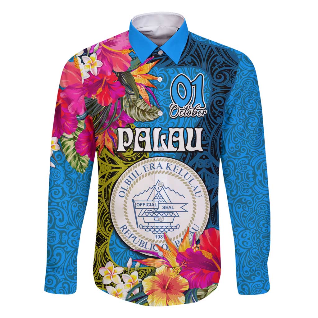 Personalised Palau Independence Day Family Matching Off Shoulder Maxi Dress and Hawaiian Shirt 1st October 30th Anniversary Polynesian Jungle Flower LT03 Dad's Shirt - Long Sleeve Blue - Polynesian Pride