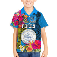 Personalised Palau Independence Day Family Matching Off Shoulder Maxi Dress and Hawaiian Shirt 1st October 30th Anniversary Polynesian Jungle Flower LT03 Son's Shirt Blue - Polynesian Pride