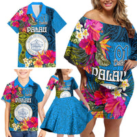 Personalised Palau Independence Day Family Matching Off Shoulder Short Dress and Hawaiian Shirt 1st October 30th Anniversary Polynesian Jungle Flower LT03 - Polynesian Pride