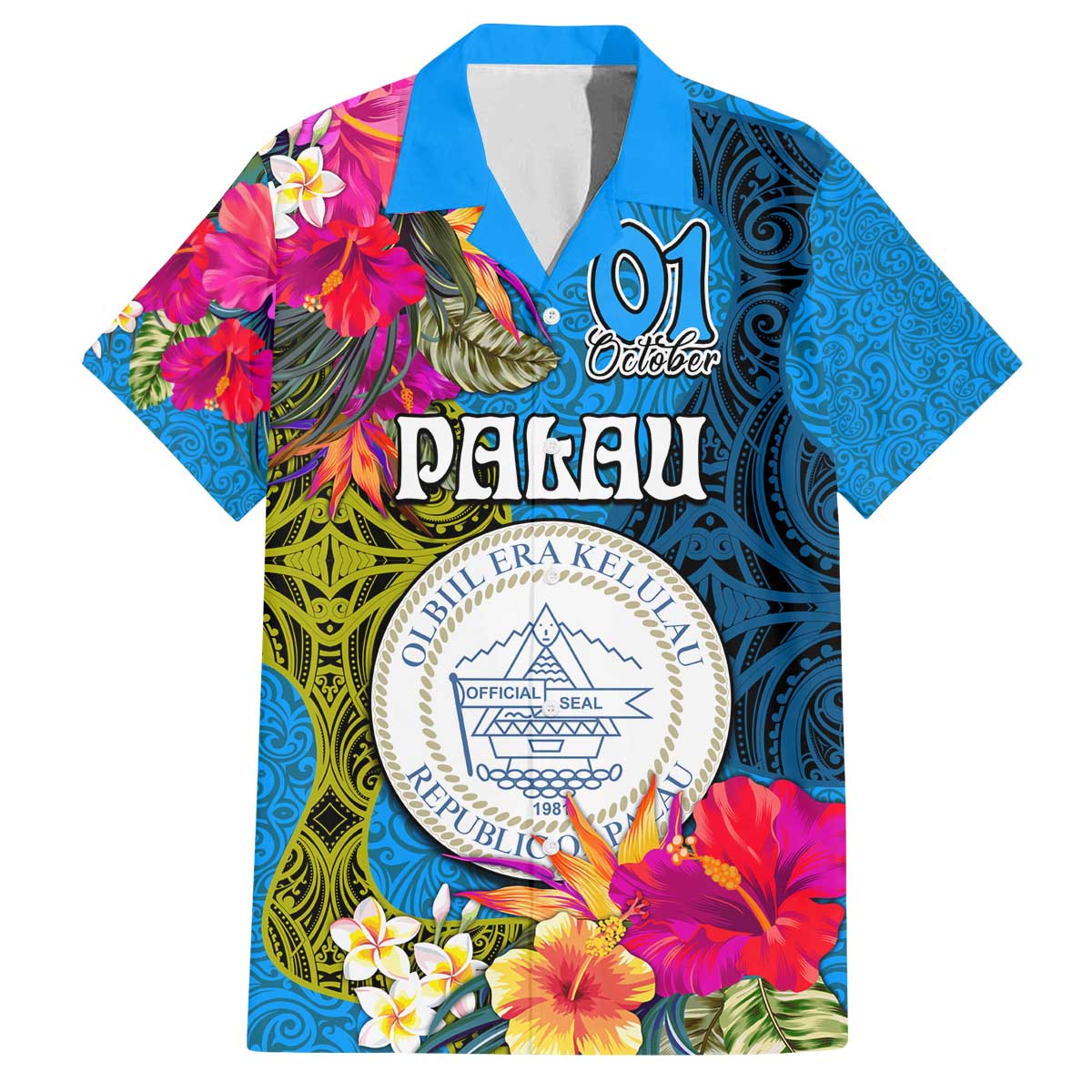 Personalised Palau Independence Day Family Matching Off Shoulder Short Dress and Hawaiian Shirt 1st October 30th Anniversary Polynesian Jungle Flower LT03 Dad's Shirt - Short Sleeve Blue - Polynesian Pride