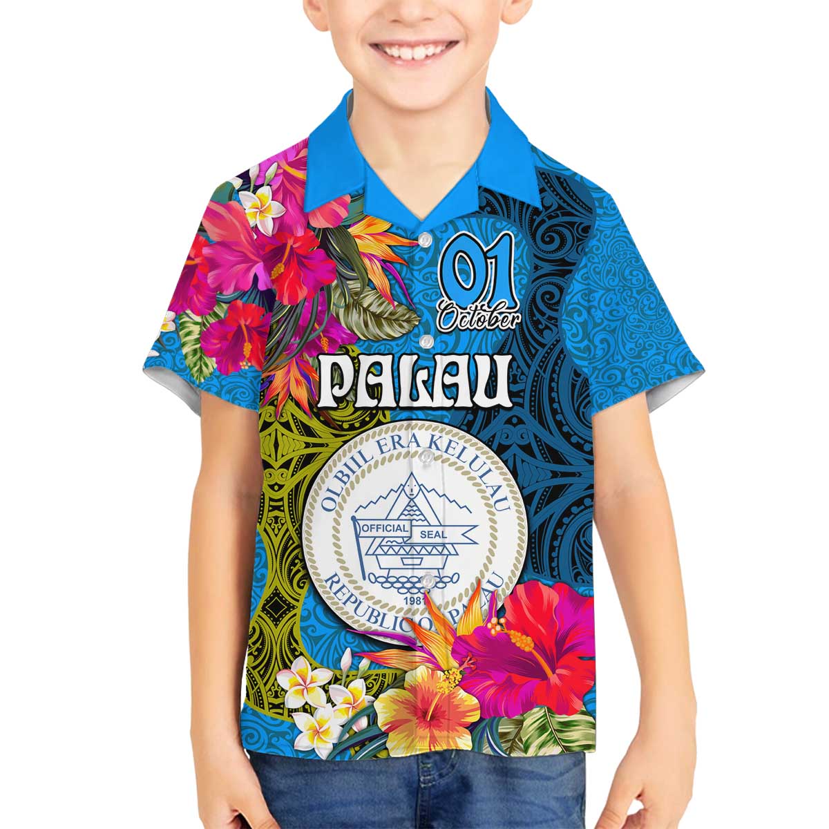 Personalised Palau Independence Day Family Matching Off Shoulder Short Dress and Hawaiian Shirt 1st October 30th Anniversary Polynesian Jungle Flower LT03 Son's Shirt Blue - Polynesian Pride
