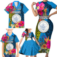 Personalised Palau Independence Day Family Matching Short Sleeve Bodycon Dress and Hawaiian Shirt 1st October 30th Anniversary Polynesian Jungle Flower LT03 - Polynesian Pride