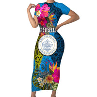 Personalised Palau Independence Day Family Matching Short Sleeve Bodycon Dress and Hawaiian Shirt 1st October 30th Anniversary Polynesian Jungle Flower LT03 Mom's Dress Blue - Polynesian Pride
