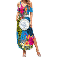Personalised Palau Independence Day Family Matching Summer Maxi Dress and Hawaiian Shirt 1st October 30th Anniversary Polynesian Jungle Flower