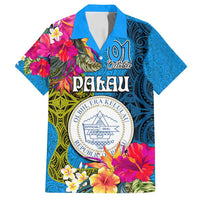 Personalised Palau Independence Day Family Matching Tank Maxi Dress and Hawaiian Shirt 1st October 30th Anniversary Polynesian Jungle Flower LT03 Dad's Shirt - Short Sleeve Blue - Polynesian Pride