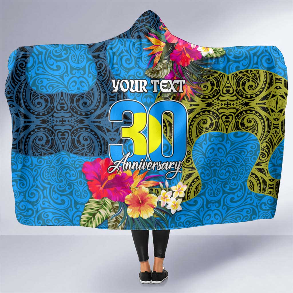 Personalised Palau Independence Day Hooded Blanket 1st October 30th Anniversary Polynesian Jungle Flower