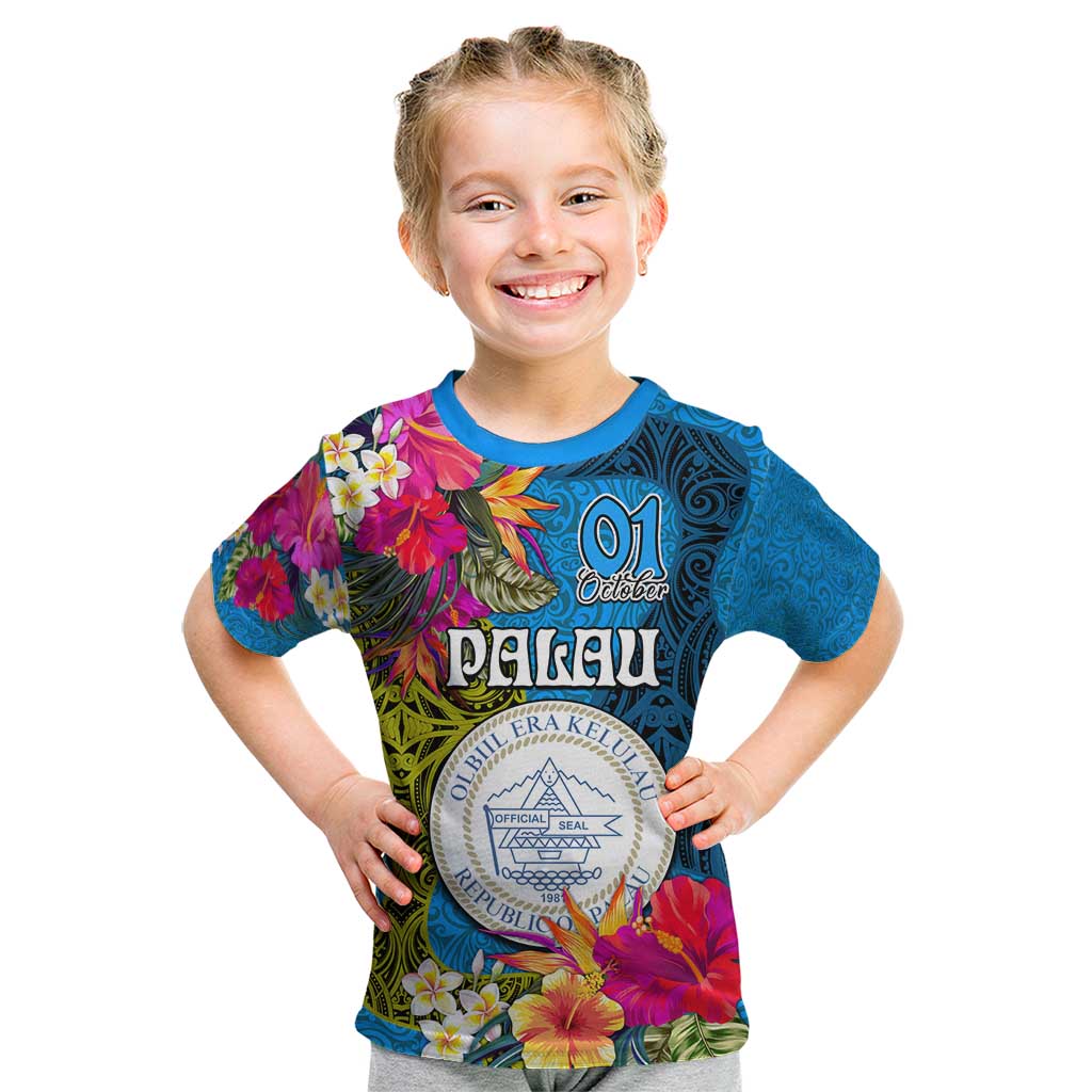 Personalised Palau Independence Day Kid T Shirt 1st October 30th Anniversary Polynesian Jungle Flower LT03 Blue - Polynesian Pride
