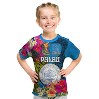 Personalised Palau Independence Day Kid T Shirt 1st October 30th Anniversary Polynesian Jungle Flower LT03 Blue - Polynesian Pride