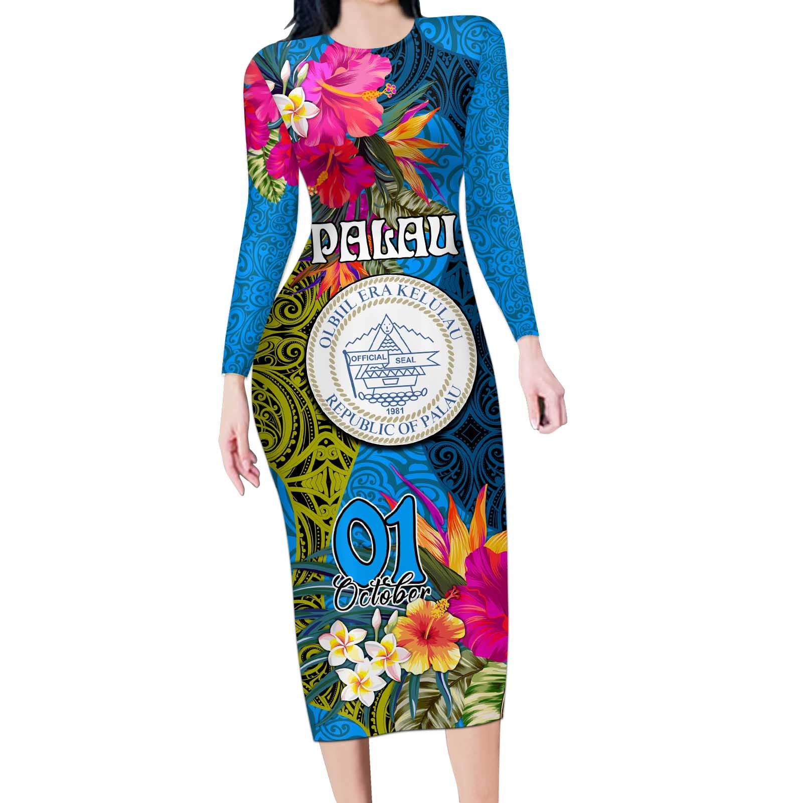 Personalised Palau Independence Day Long Sleeve Bodycon Dress 1st October 30th Anniversary Polynesian Jungle Flower