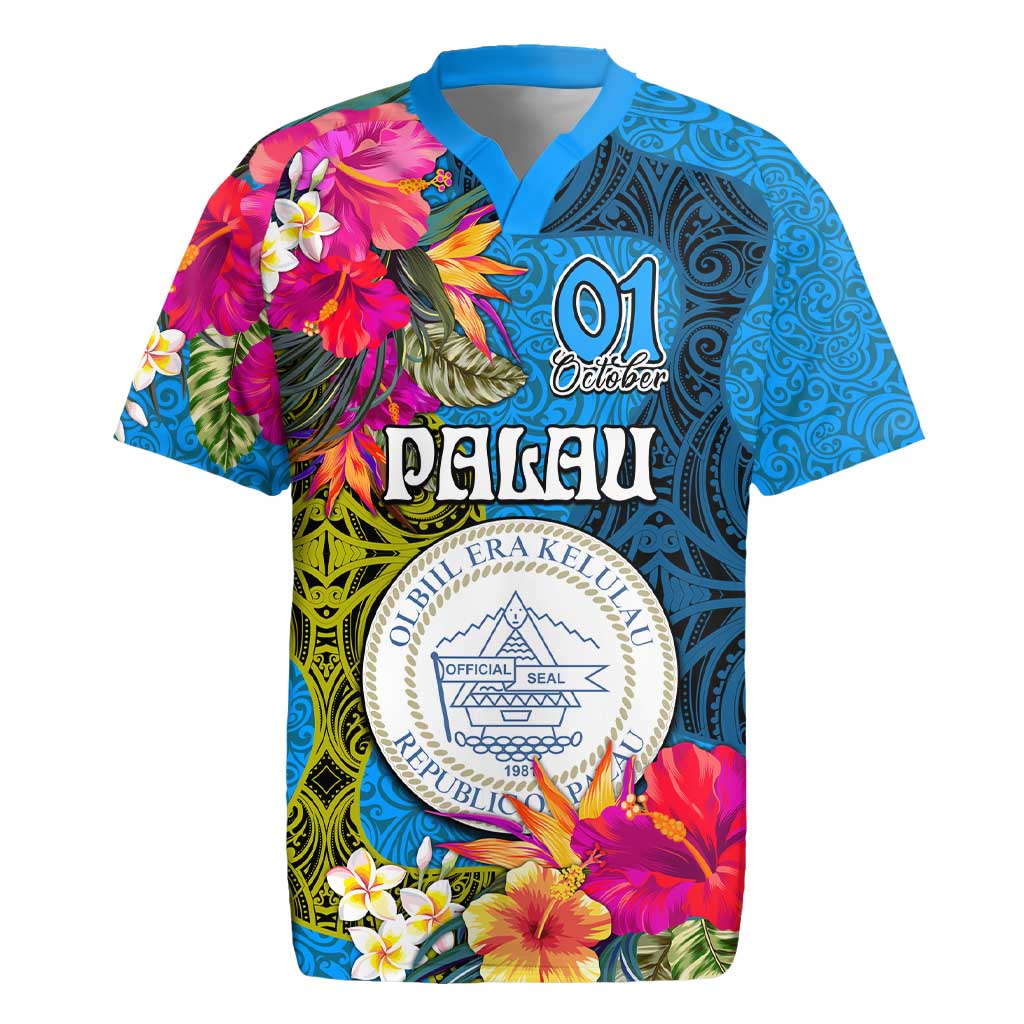 Personalised Palau Independence Day Rugby Jersey 1st October 30th Anniversary Polynesian Jungle Flower LT03 Blue - Polynesian Pride