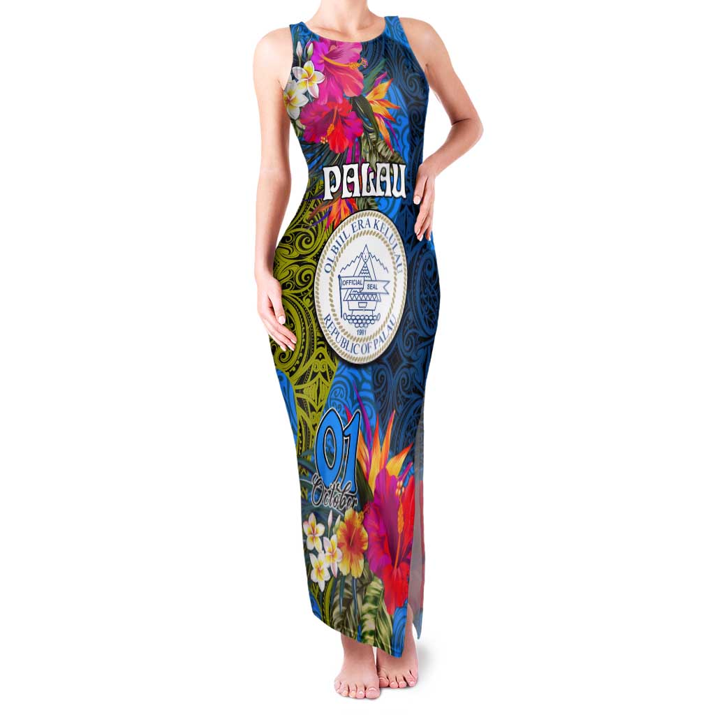 Personalised Palau Independence Day Tank Maxi Dress 1st October 30th Anniversary Polynesian Jungle Flower