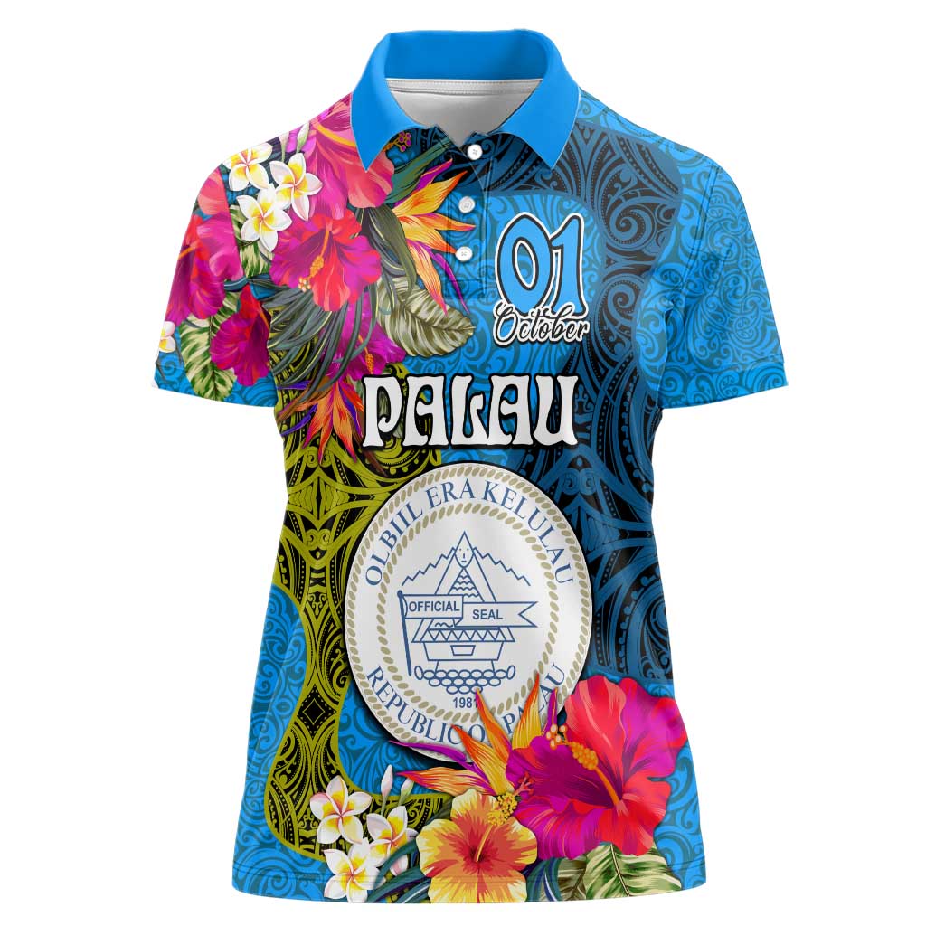 Personalised Palau Independence Day Women Polo Shirt 1st October 30th Anniversary Polynesian Jungle Flower