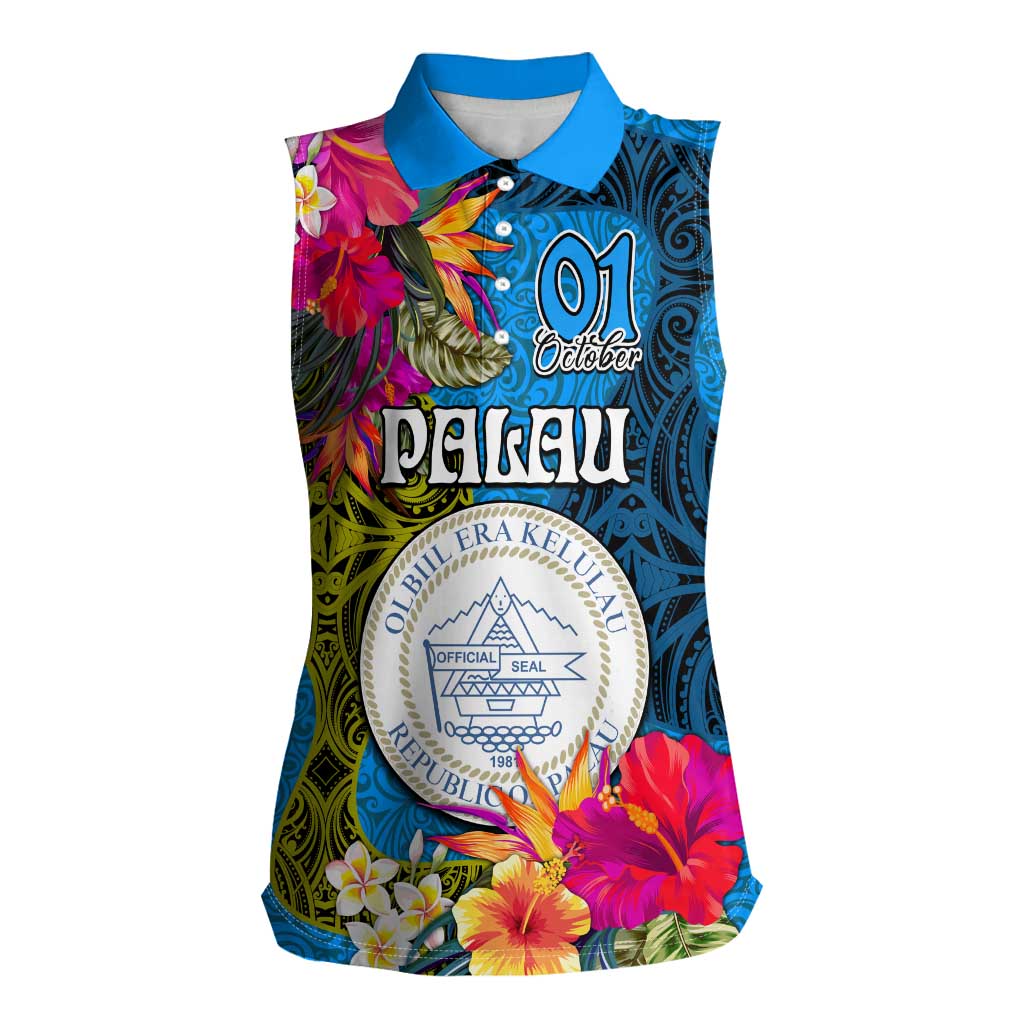 Personalised Palau Independence Day Women Sleeveless Polo Shirt 1st October 30th Anniversary Polynesian Jungle Flower LT03 Female Blue - Polynesian Pride