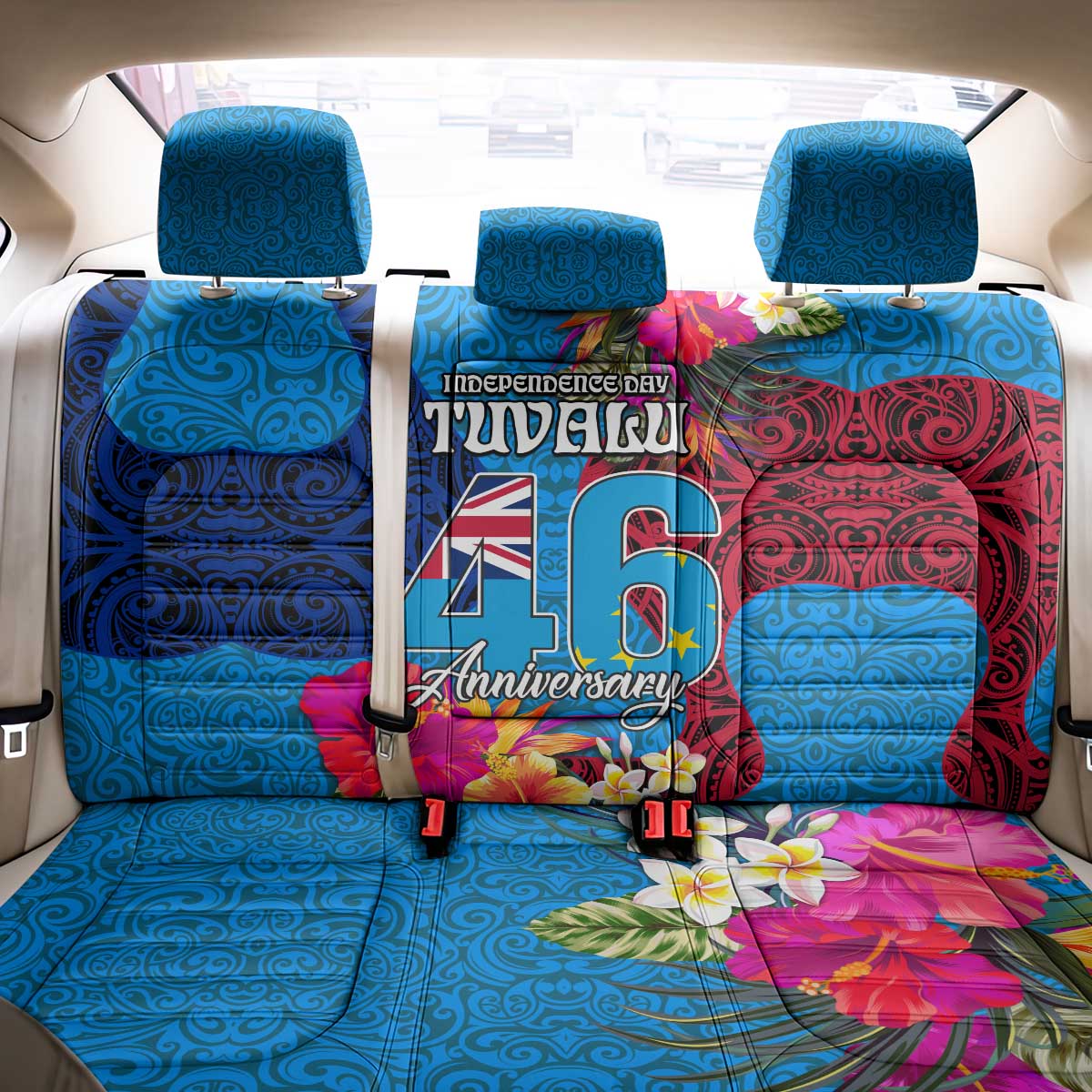 Tuvalu Independence Day Back Car Seat Cover 1st October 46th Anniversary Polynesian Jungle Flower