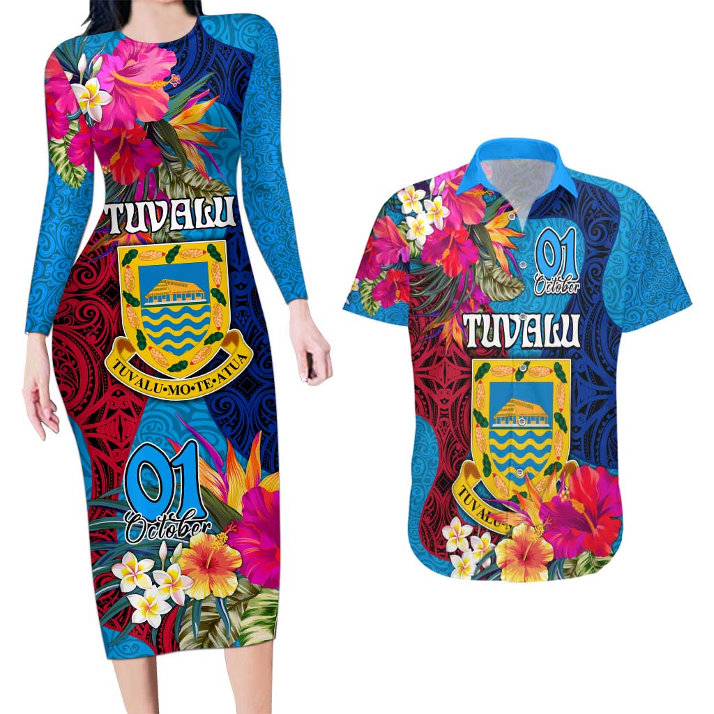 Tuvalu Independence Day Couples Matching Long Sleeve Bodycon Dress and Hawaiian Shirt 1st October 46th Anniversary Polynesian Jungle Flower