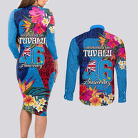 Tuvalu Independence Day Couples Matching Long Sleeve Bodycon Dress and Long Sleeve Button Shirt 1st October 46th Anniversary Polynesian Jungle Flower LT03 - Polynesian Pride