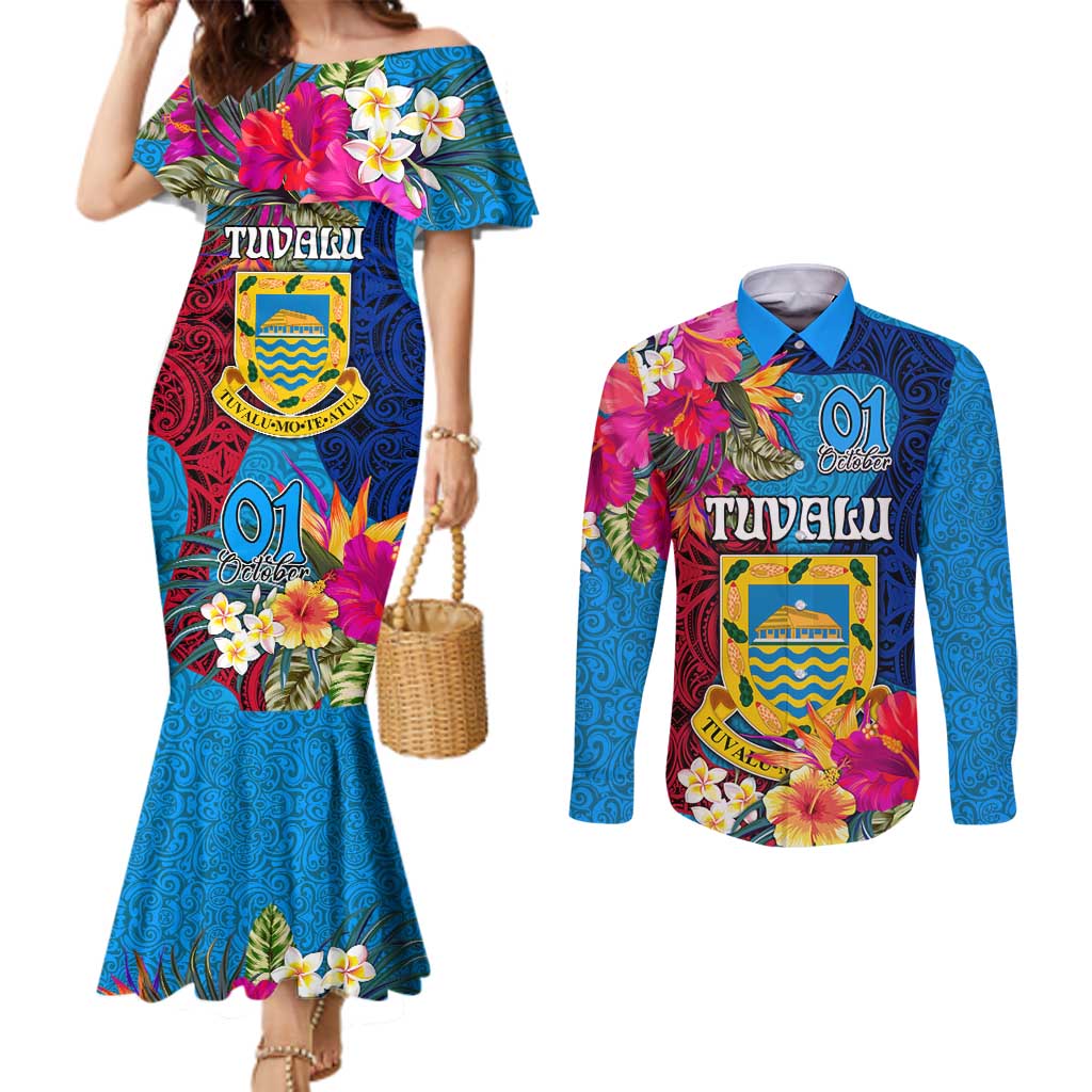 Tuvalu Independence Day Couples Matching Mermaid Dress and Long Sleeve Button Shirt 1st October 46th Anniversary Polynesian Jungle Flower