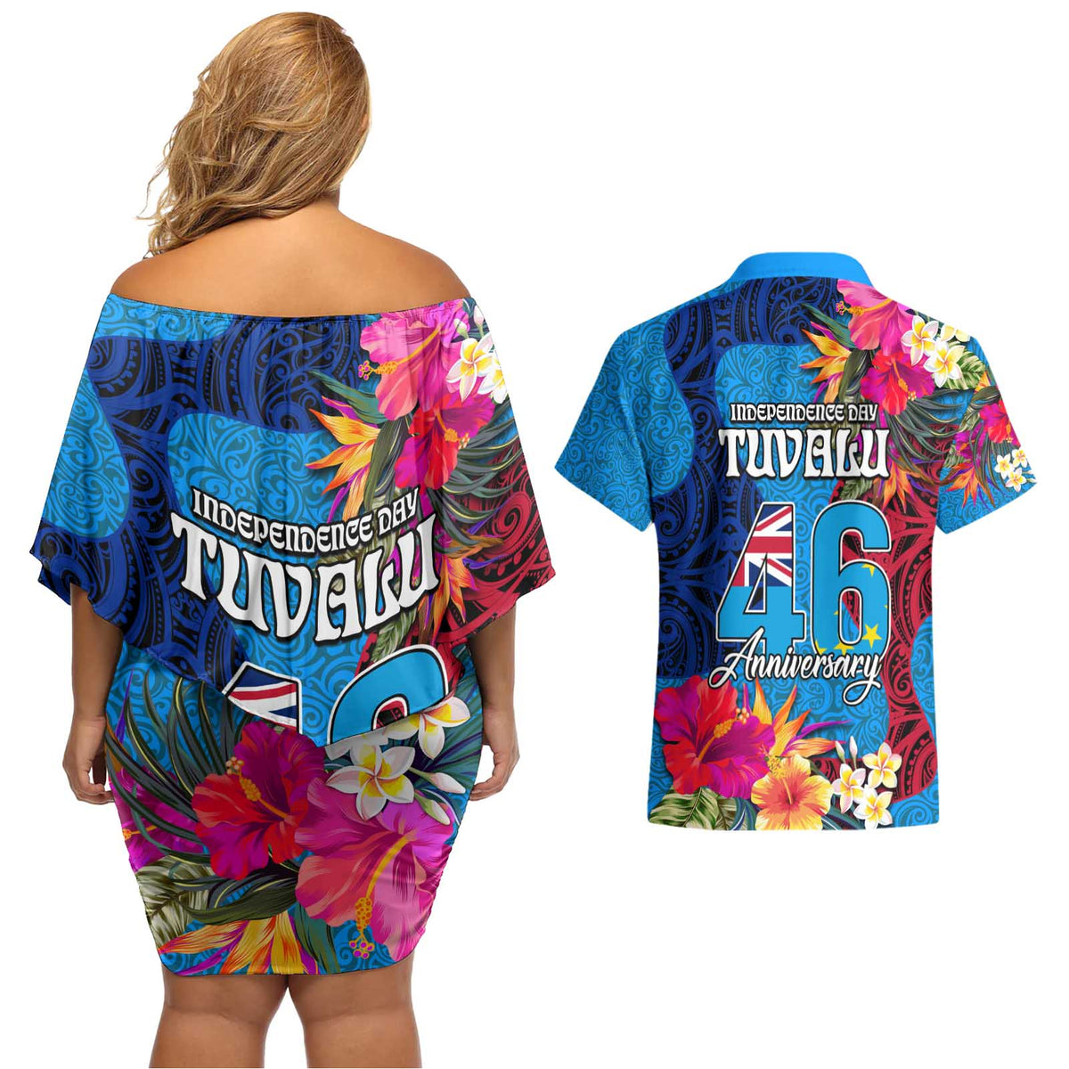 Tuvalu Independence Day Couples Matching Off Shoulder Short Dress and Hawaiian Shirt 1st October 46th Anniversary Polynesian Jungle Flower LT03 - Polynesian Pride