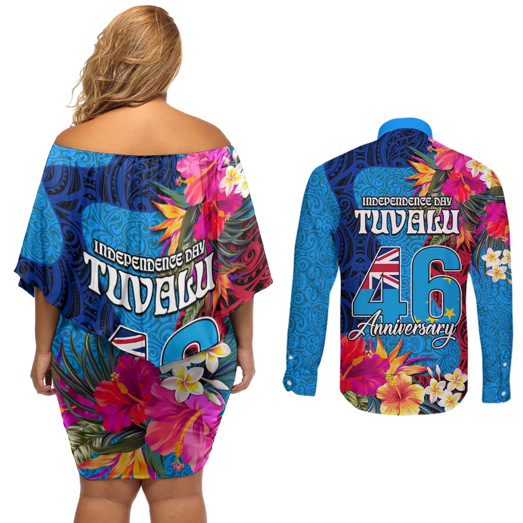 Tuvalu Independence Day Couples Matching Off Shoulder Short Dress and Long Sleeve Button Shirt 1st October 46th Anniversary Polynesian Jungle Flower LT03 - Polynesian Pride