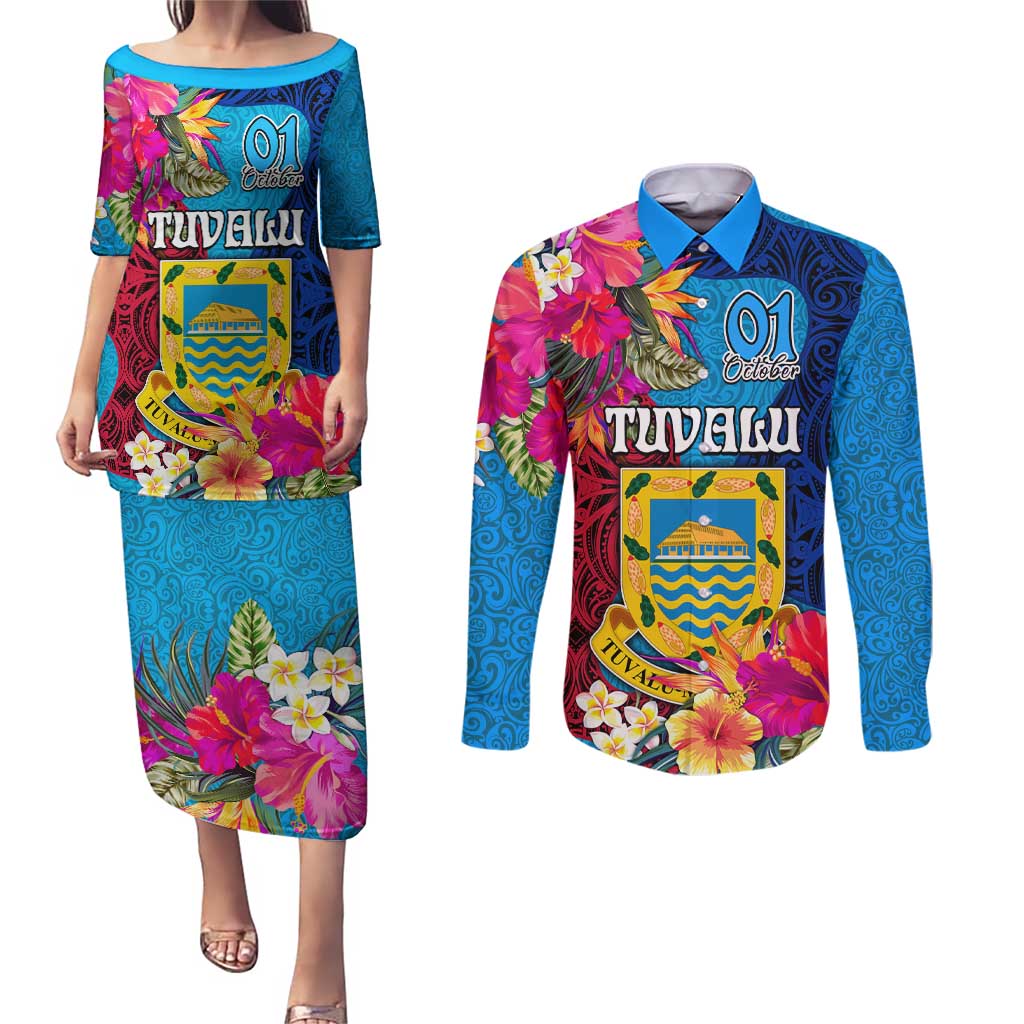 Tuvalu Independence Day Couples Matching Puletasi and Long Sleeve Button Shirt 1st October 46th Anniversary Polynesian Jungle Flower