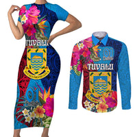 Tuvalu Independence Day Couples Matching Short Sleeve Bodycon Dress and Long Sleeve Button Shirt 1st October 46th Anniversary Polynesian Jungle Flower LT03 Blue - Polynesian Pride