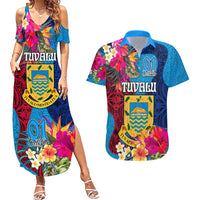 Tuvalu Independence Day Couples Matching Summer Maxi Dress and Hawaiian Shirt 1st October 46th Anniversary Polynesian Jungle Flower LT03 Blue - Polynesian Pride