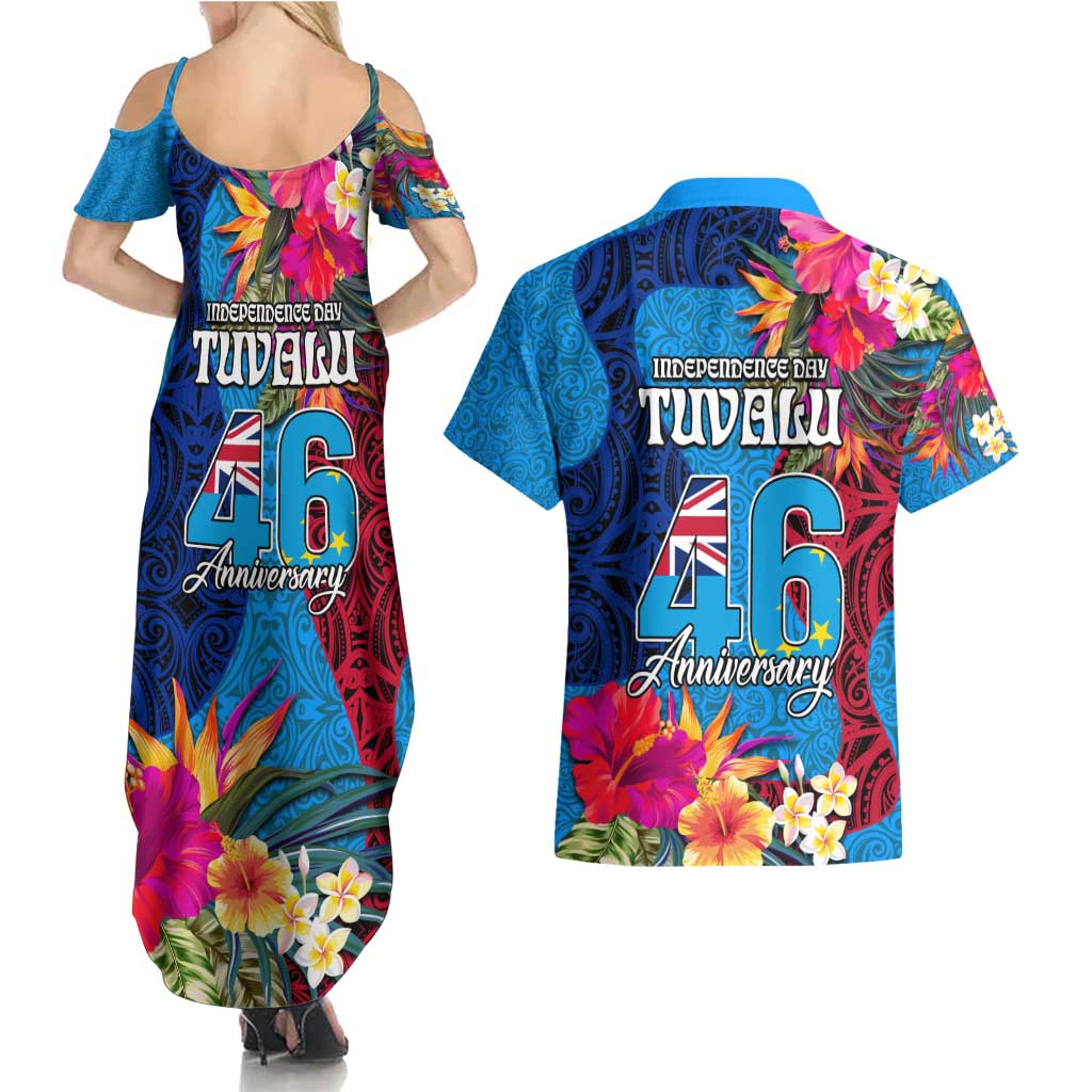 Tuvalu Independence Day Couples Matching Summer Maxi Dress and Hawaiian Shirt 1st October 46th Anniversary Polynesian Jungle Flower LT03 - Polynesian Pride