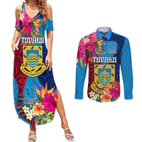 Tuvalu Independence Day Couples Matching Summer Maxi Dress and Long Sleeve Button Shirt 1st October 46th Anniversary Polynesian Jungle Flower LT03 Blue - Polynesian Pride