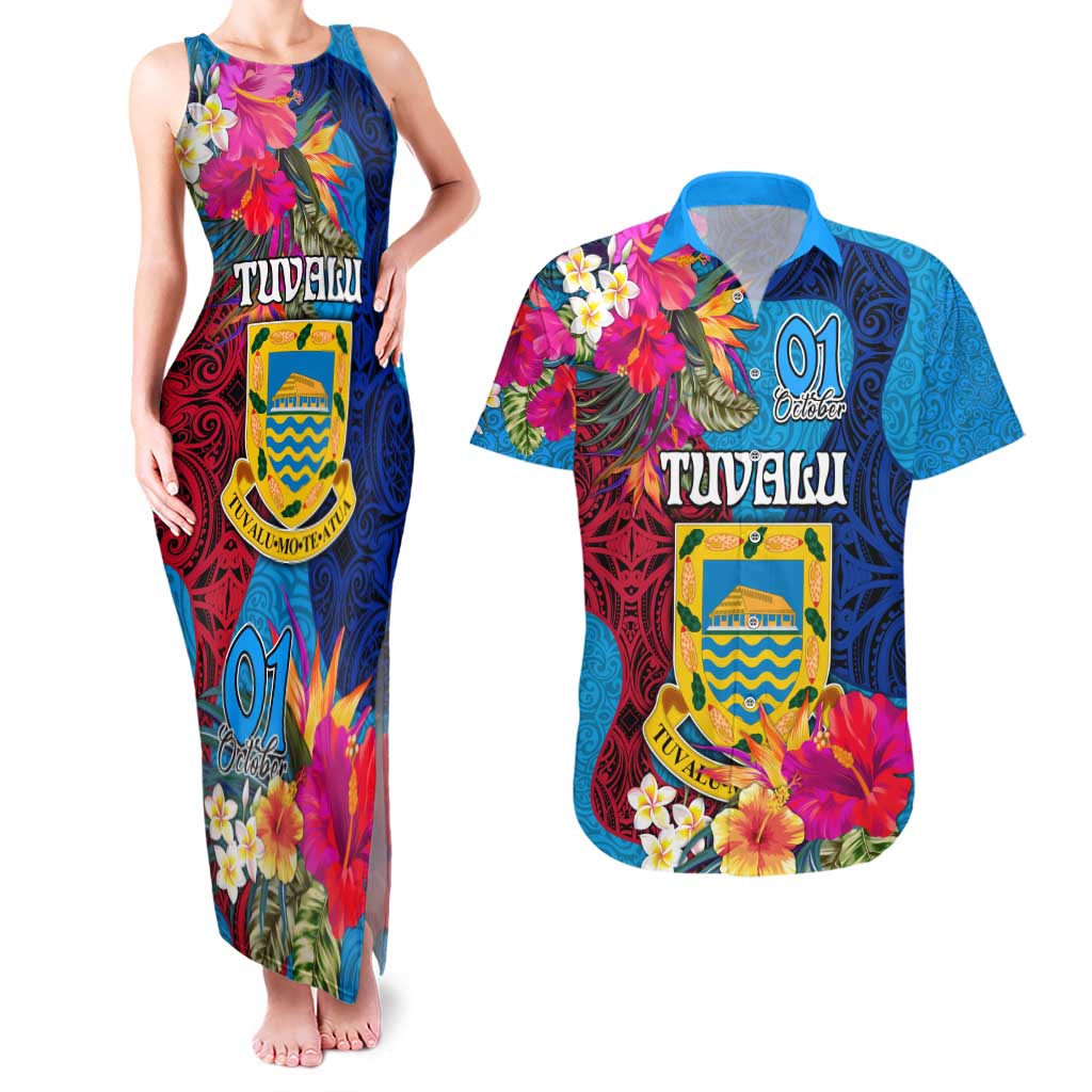 Tuvalu Independence Day Couples Matching Tank Maxi Dress and Hawaiian Shirt 1st October 46th Anniversary Polynesian Jungle Flower LT03 Blue - Polynesian Pride