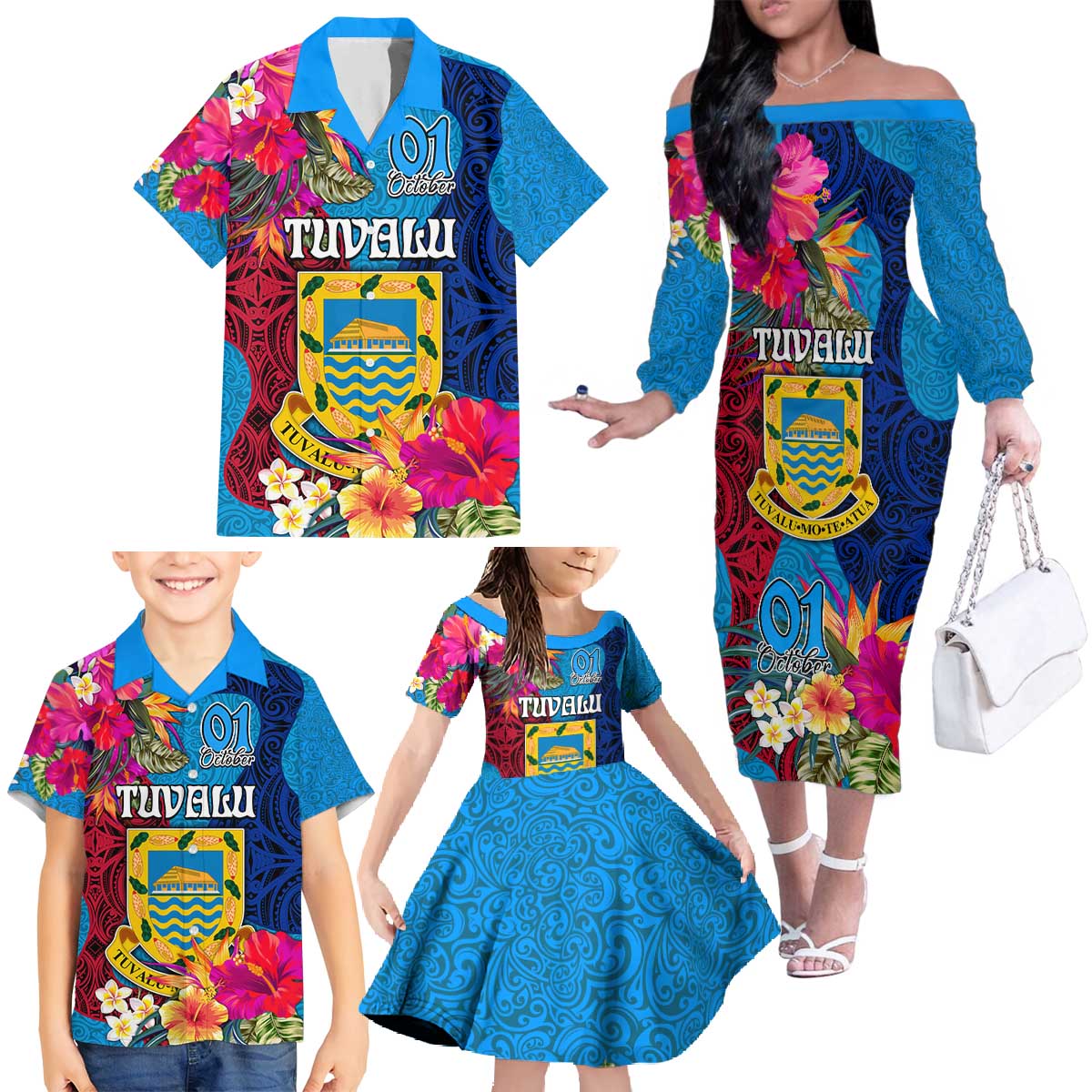 Tuvalu Independence Day Family Matching Off The Shoulder Long Sleeve Dress and Hawaiian Shirt 1st October 46th Anniversary Polynesian Jungle Flower