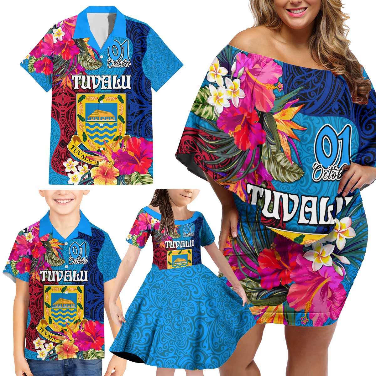 Tuvalu Independence Day Family Matching Off Shoulder Short Dress and Hawaiian Shirt 1st October 46th Anniversary Polynesian Jungle Flower