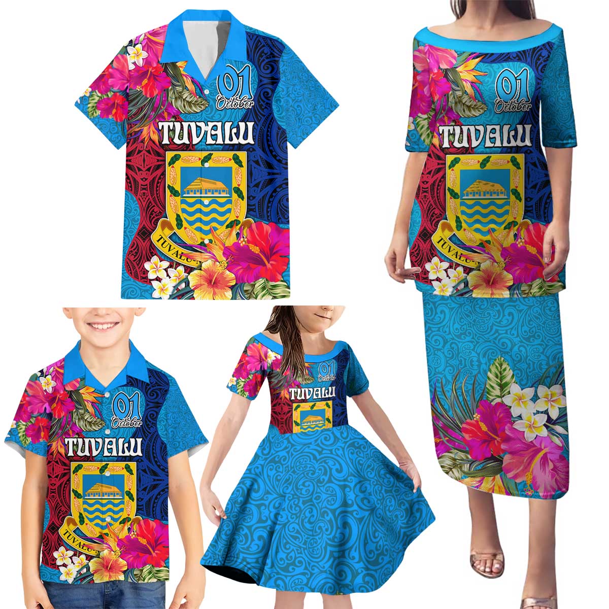 Tuvalu Independence Day Family Matching Puletasi and Hawaiian Shirt 1st October 46th Anniversary Polynesian Jungle Flower LT03 - Polynesian Pride