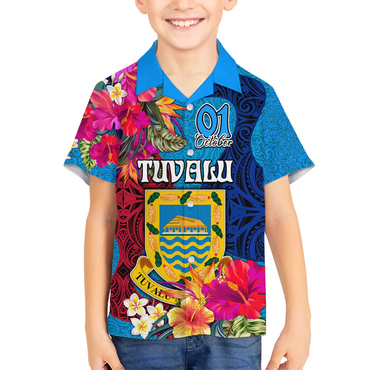 Tuvalu Independence Day Family Matching Puletasi and Hawaiian Shirt 1st October 46th Anniversary Polynesian Jungle Flower LT03 Son's Shirt Blue - Polynesian Pride