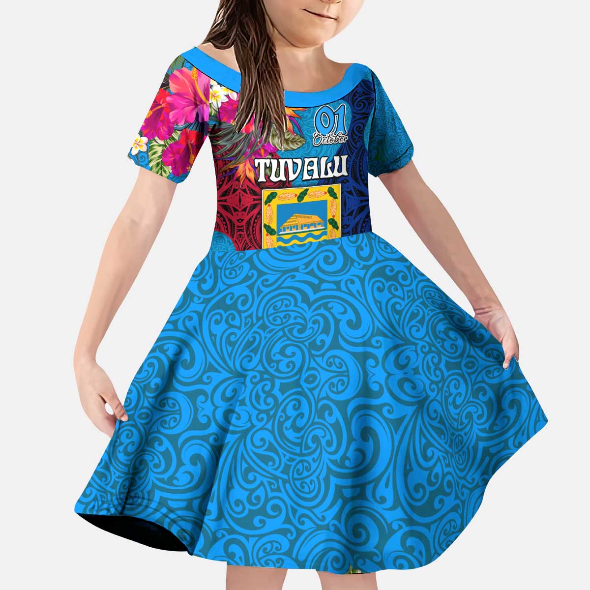 Tuvalu Independence Day Kid Short Sleeve Dress 1st October 46th Anniversary Polynesian Jungle Flower