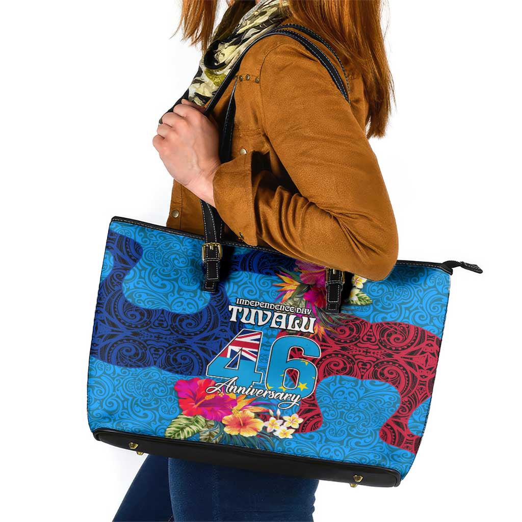 Tuvalu Independence Day Leather Tote Bag 1st October 46th Anniversary Polynesian Jungle Flower