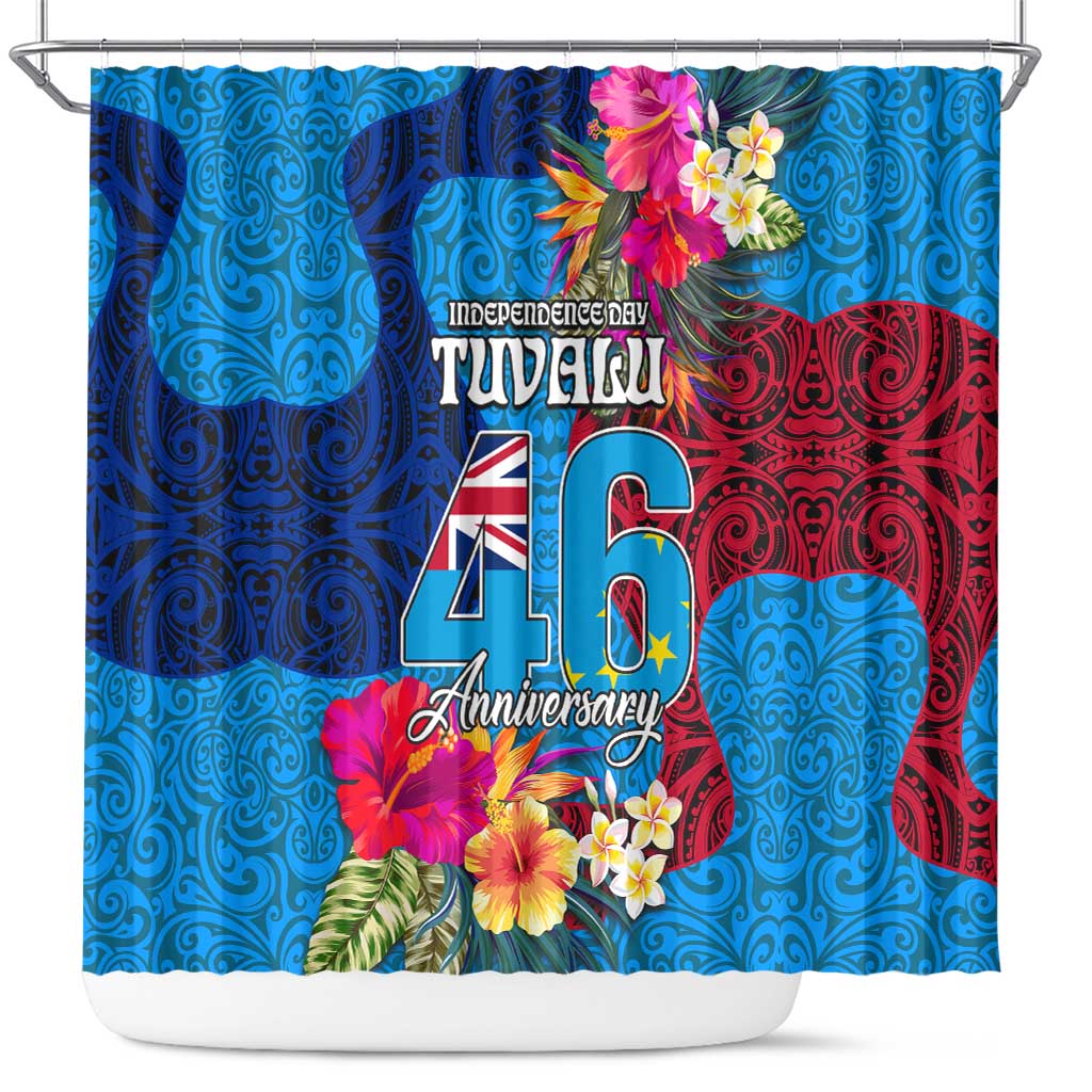 Tuvalu Independence Day Shower Curtain 1st October 46th Anniversary Polynesian Jungle Flower LT03 Blue - Polynesian Pride