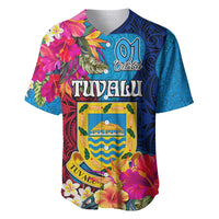 Personalised Tuvalu Independence Day Baseball Jersey 1st October 46th Anniversary Polynesian Jungle Flower LT03 Blue - Polynesian Pride