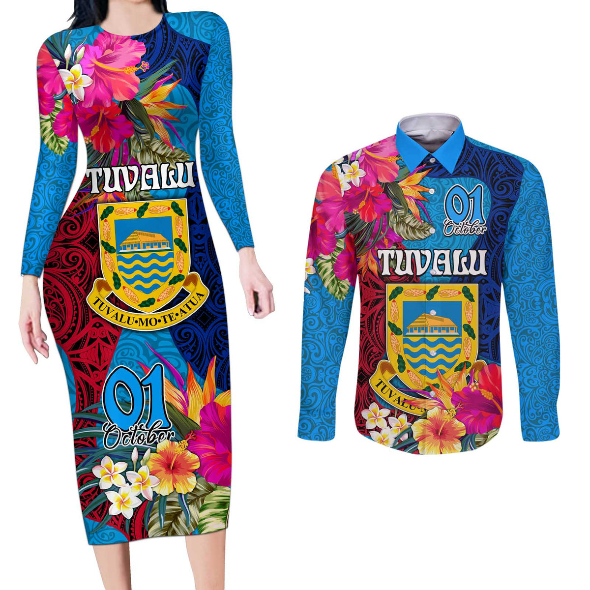 Personalised Tuvalu Independence Day Couples Matching Long Sleeve Bodycon Dress and Long Sleeve Button Shirt 1st October 46th Anniversary Polynesian Jungle Flower LT03 Blue - Polynesian Pride