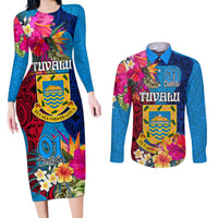 Personalised Tuvalu Independence Day Couples Matching Long Sleeve Bodycon Dress and Long Sleeve Button Shirt 1st October 46th Anniversary Polynesian Jungle Flower LT03 Blue - Polynesian Pride