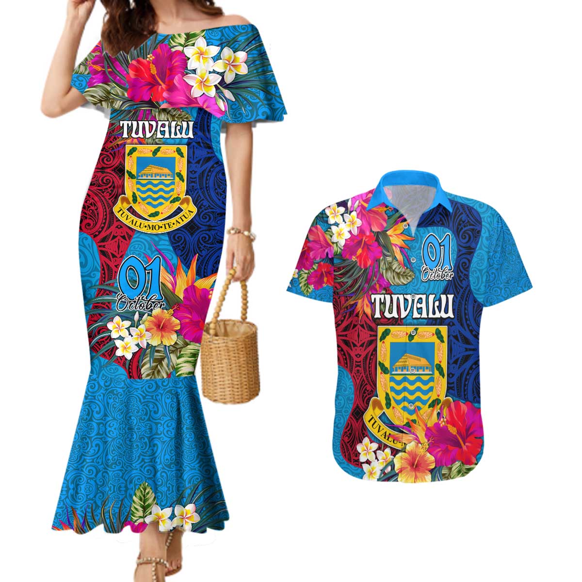 Personalised Tuvalu Independence Day Couples Matching Mermaid Dress and Hawaiian Shirt 1st October 46th Anniversary Polynesian Jungle Flower