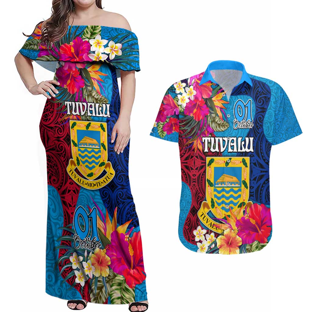 Personalised Tuvalu Independence Day Couples Matching Off Shoulder Maxi Dress and Hawaiian Shirt 1st October 46th Anniversary Polynesian Jungle Flower