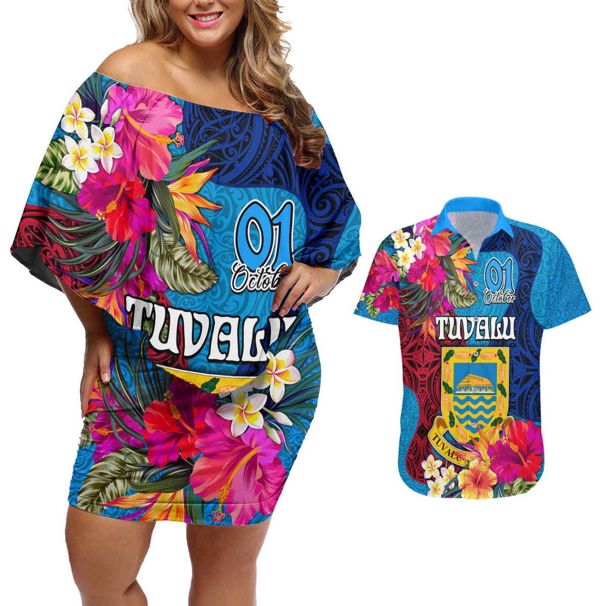 Personalised Tuvalu Independence Day Couples Matching Off Shoulder Short Dress and Hawaiian Shirt 1st October 46th Anniversary Polynesian Jungle Flower LT03 Blue - Polynesian Pride