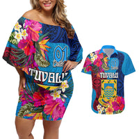 Personalised Tuvalu Independence Day Couples Matching Off Shoulder Short Dress and Hawaiian Shirt 1st October 46th Anniversary Polynesian Jungle Flower LT03 Blue - Polynesian Pride