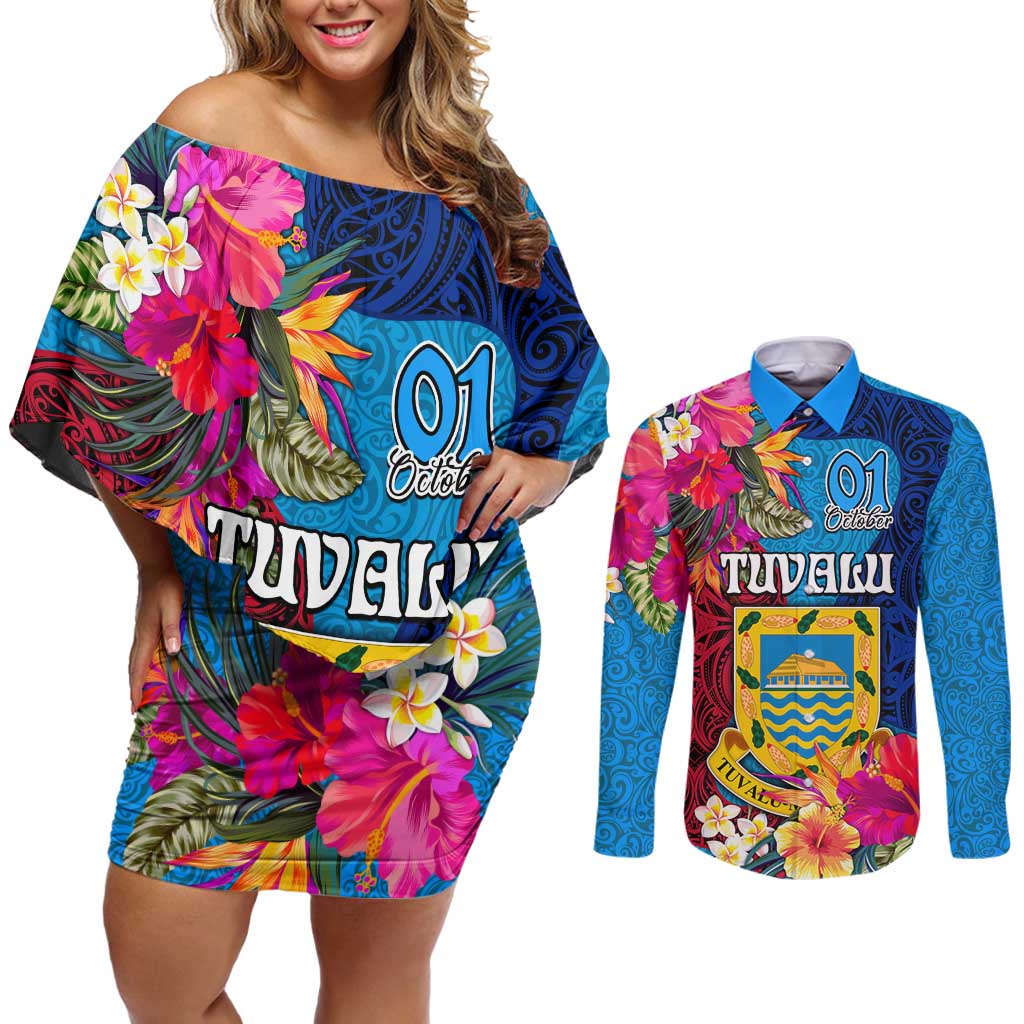 Personalised Tuvalu Independence Day Couples Matching Off Shoulder Short Dress and Long Sleeve Button Shirt 1st October 46th Anniversary Polynesian Jungle Flower LT03 Blue - Polynesian Pride