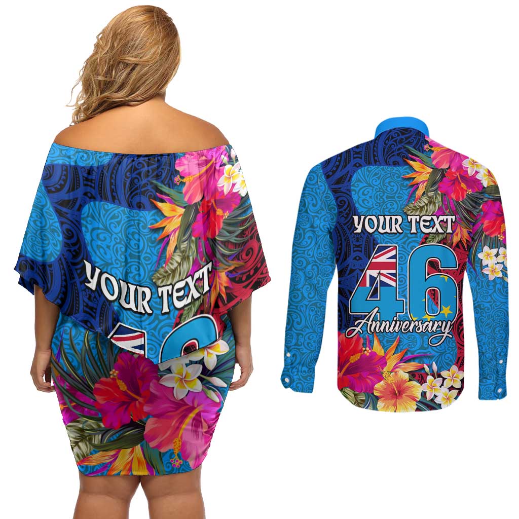 Personalised Tuvalu Independence Day Couples Matching Off Shoulder Short Dress and Long Sleeve Button Shirt 1st October 46th Anniversary Polynesian Jungle Flower LT03 - Polynesian Pride