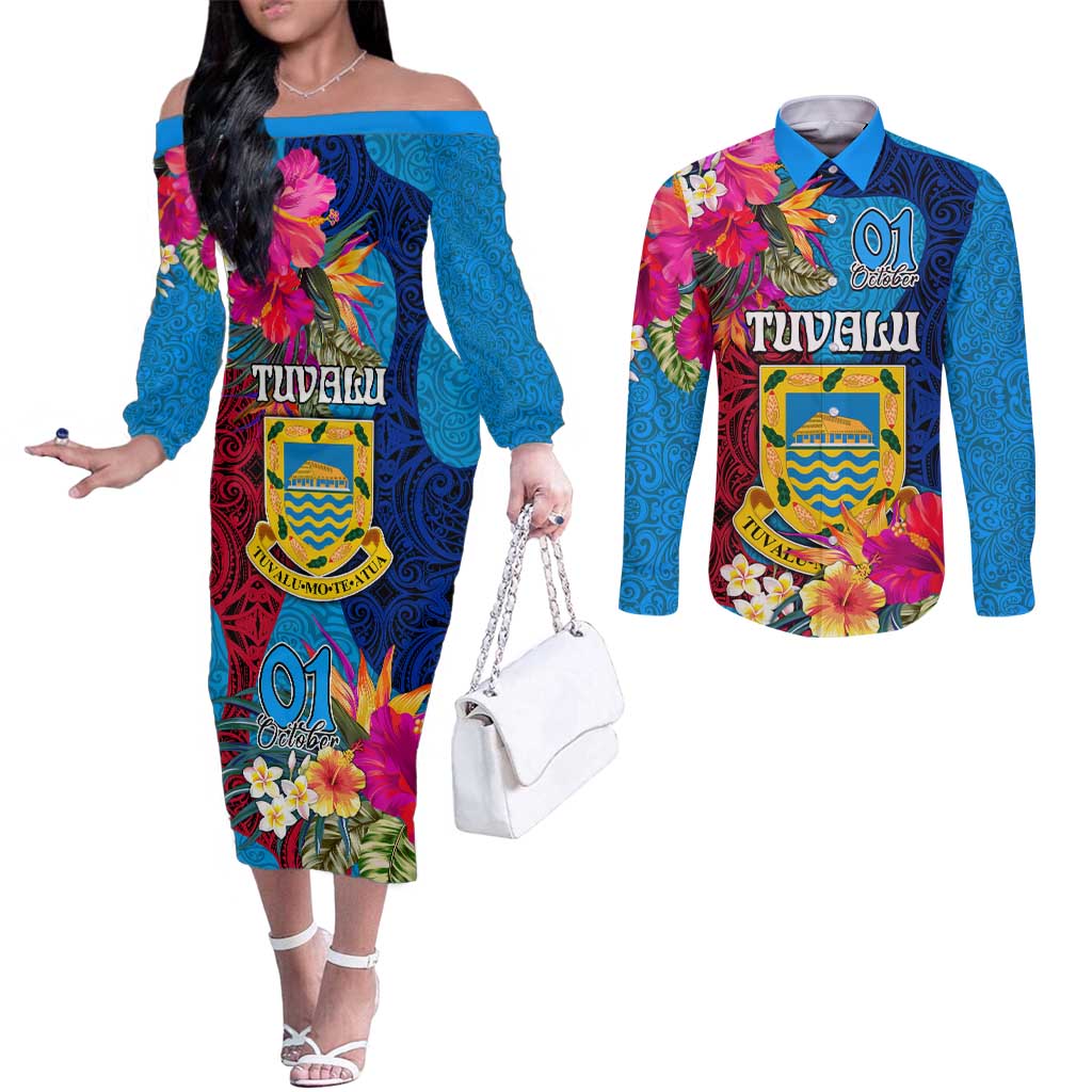 Personalised Tuvalu Independence Day Couples Matching Off The Shoulder Long Sleeve Dress and Long Sleeve Button Shirt 1st October 46th Anniversary Polynesian Jungle Flower LT03 Blue - Polynesian Pride