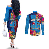 Personalised Tuvalu Independence Day Couples Matching Off The Shoulder Long Sleeve Dress and Long Sleeve Button Shirt 1st October 46th Anniversary Polynesian Jungle Flower LT03 - Polynesian Pride