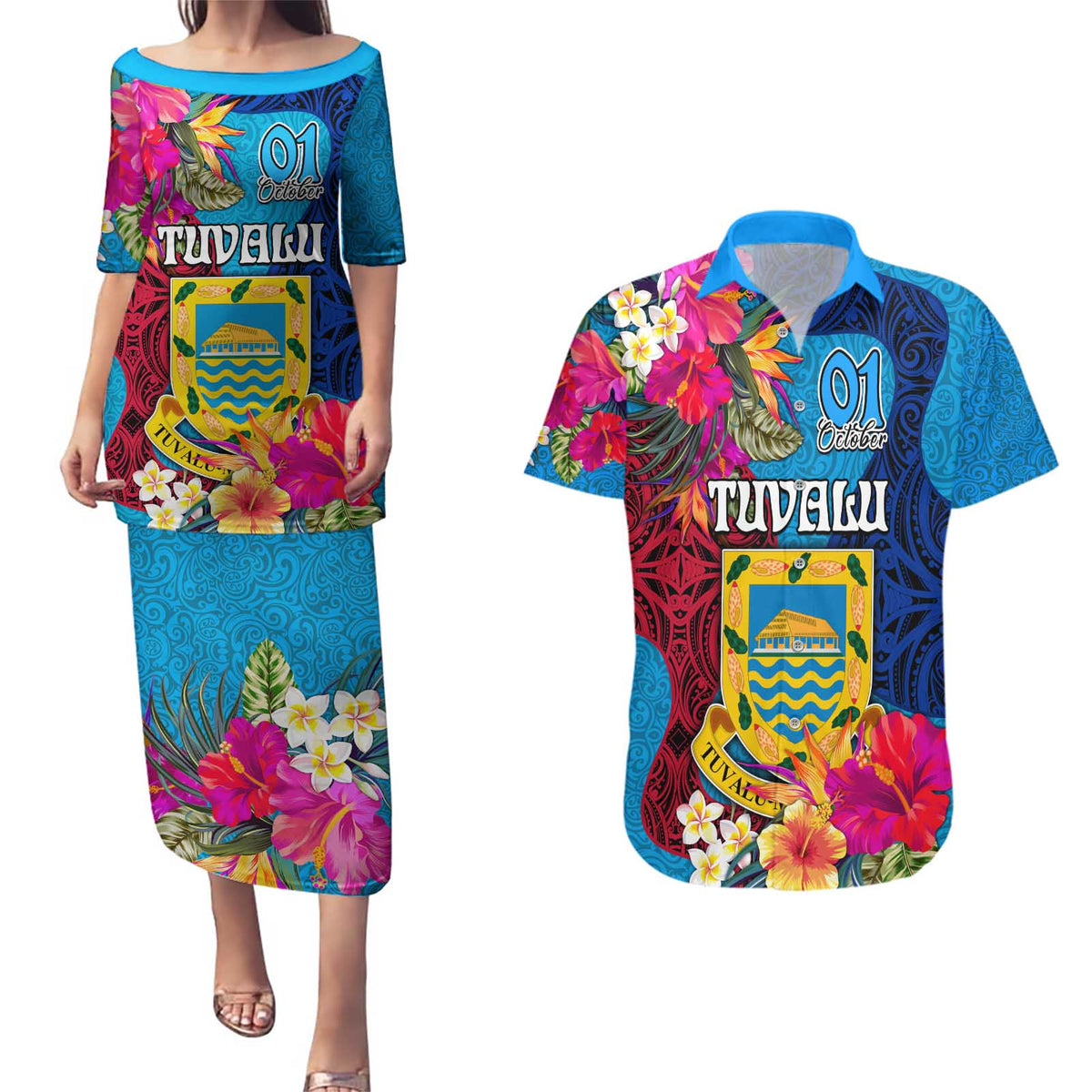Personalised Tuvalu Independence Day Couples Matching Puletasi and Hawaiian Shirt 1st October 46th Anniversary Polynesian Jungle Flower LT03 Blue - Polynesian Pride
